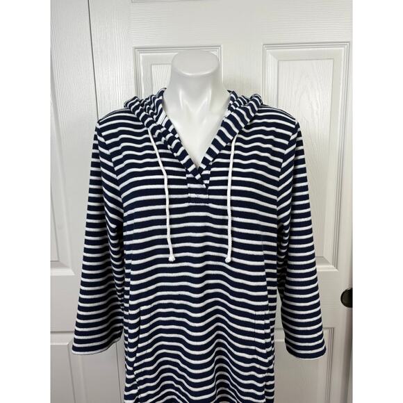 Loft Swim Women's Striped V-Neck Terry Hooded Cover Up Dress Size L Navy NWT - Picture 4 of 10